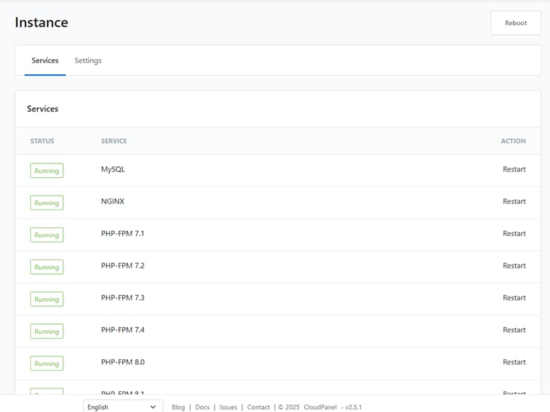 CloudPanel Admin Services Screenshot