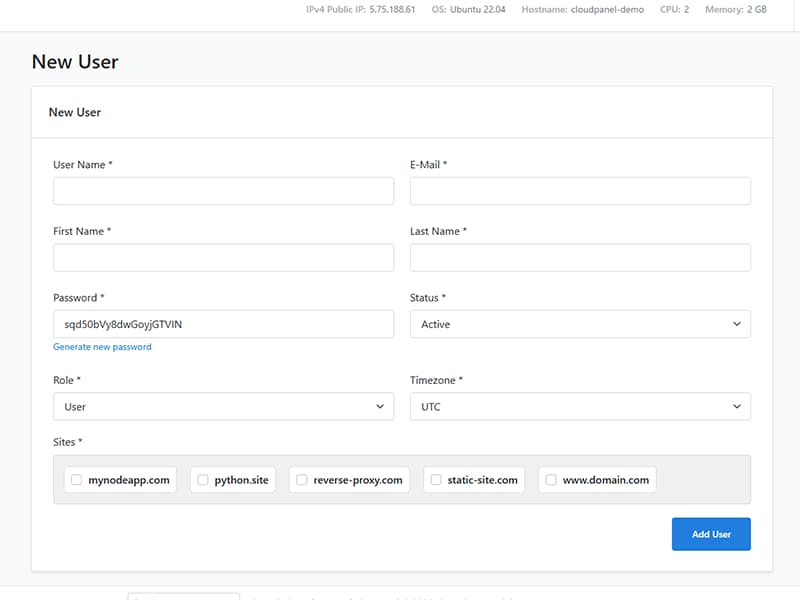 CloudPanel User Creation Screenshot