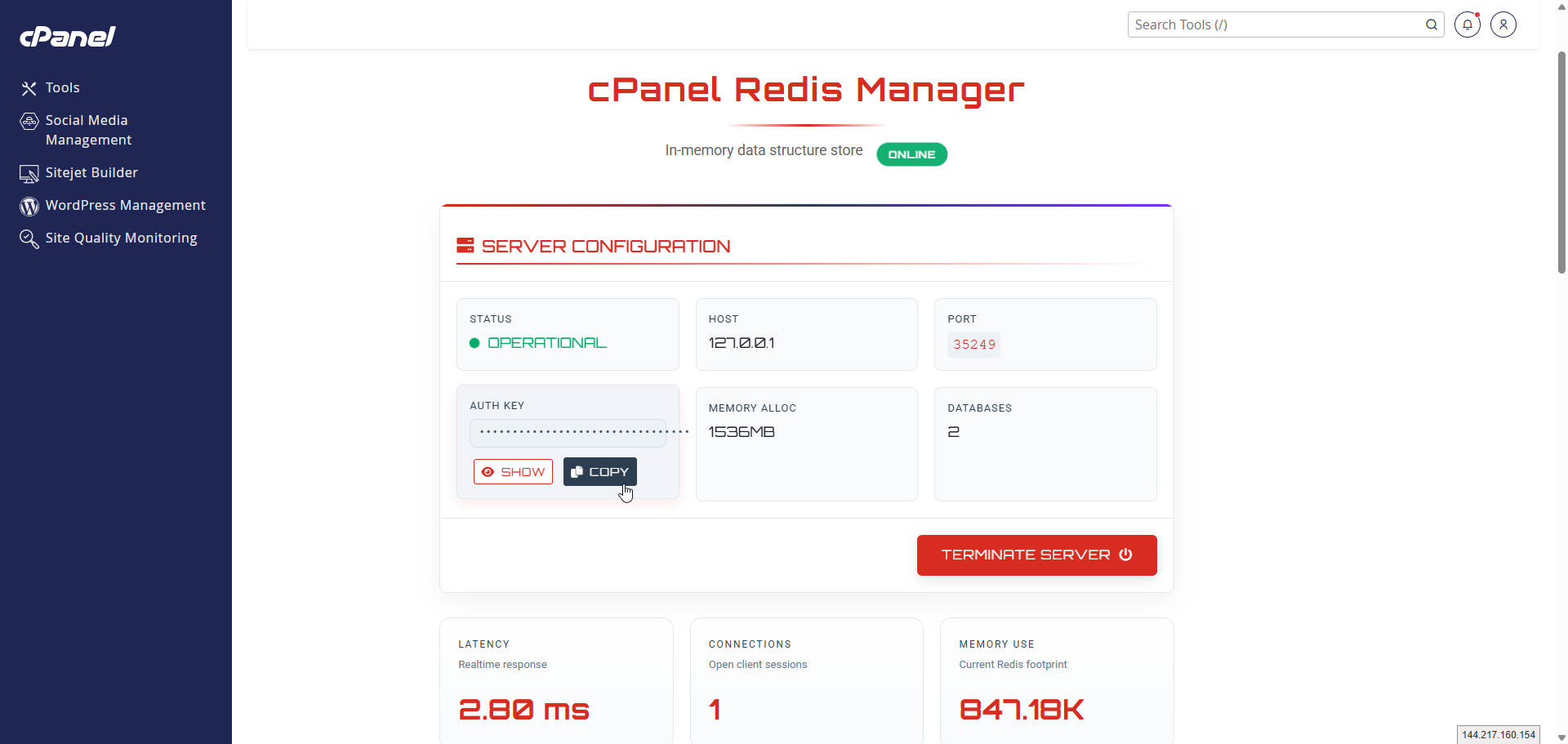 cPanel Redis Manager dashboard