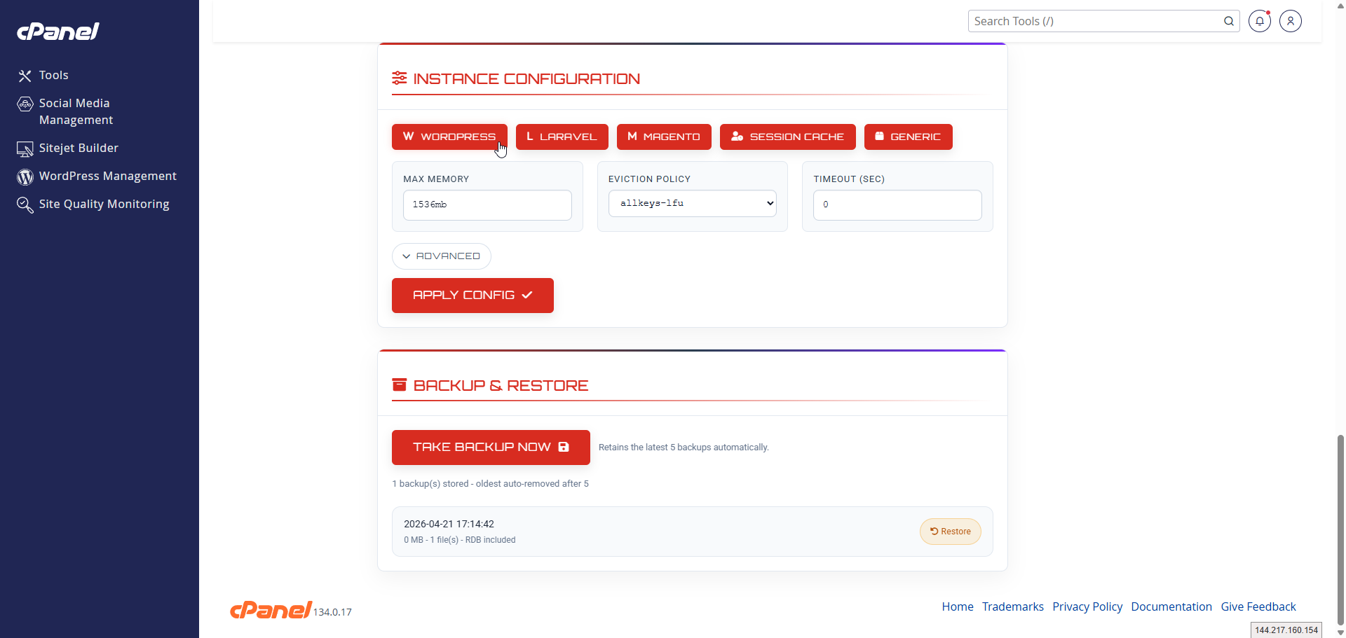 cPanel Redis Manager configuration and backup interface with app presets, Redis settings, and restore tools.