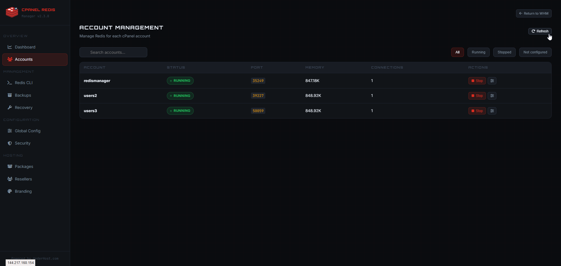 WHM Redis Manager account management screen showing Redis accounts, ports, memory usage, and action controls.