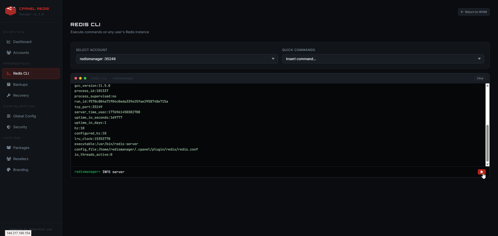WHM Redis Manager CLI management screen showing account selection, Redis command console, and command output.