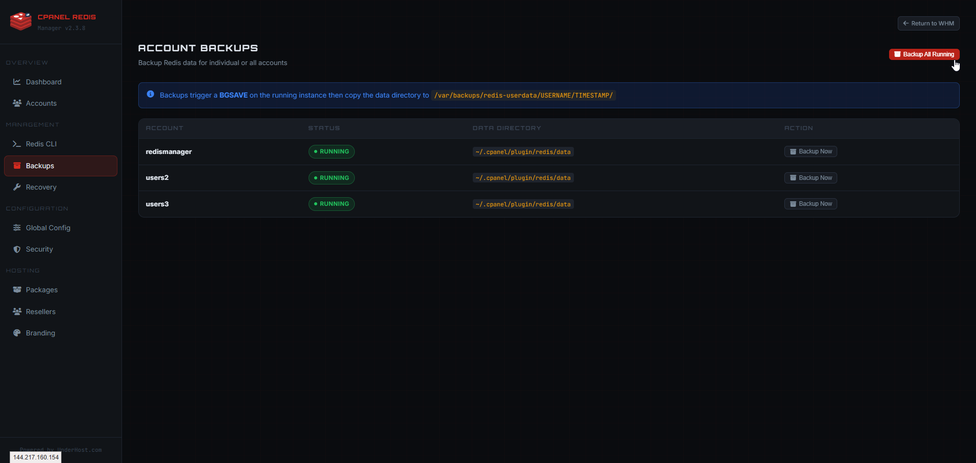 WHM Redis Manager backup screen showing account backup actions and Redis data directory information.