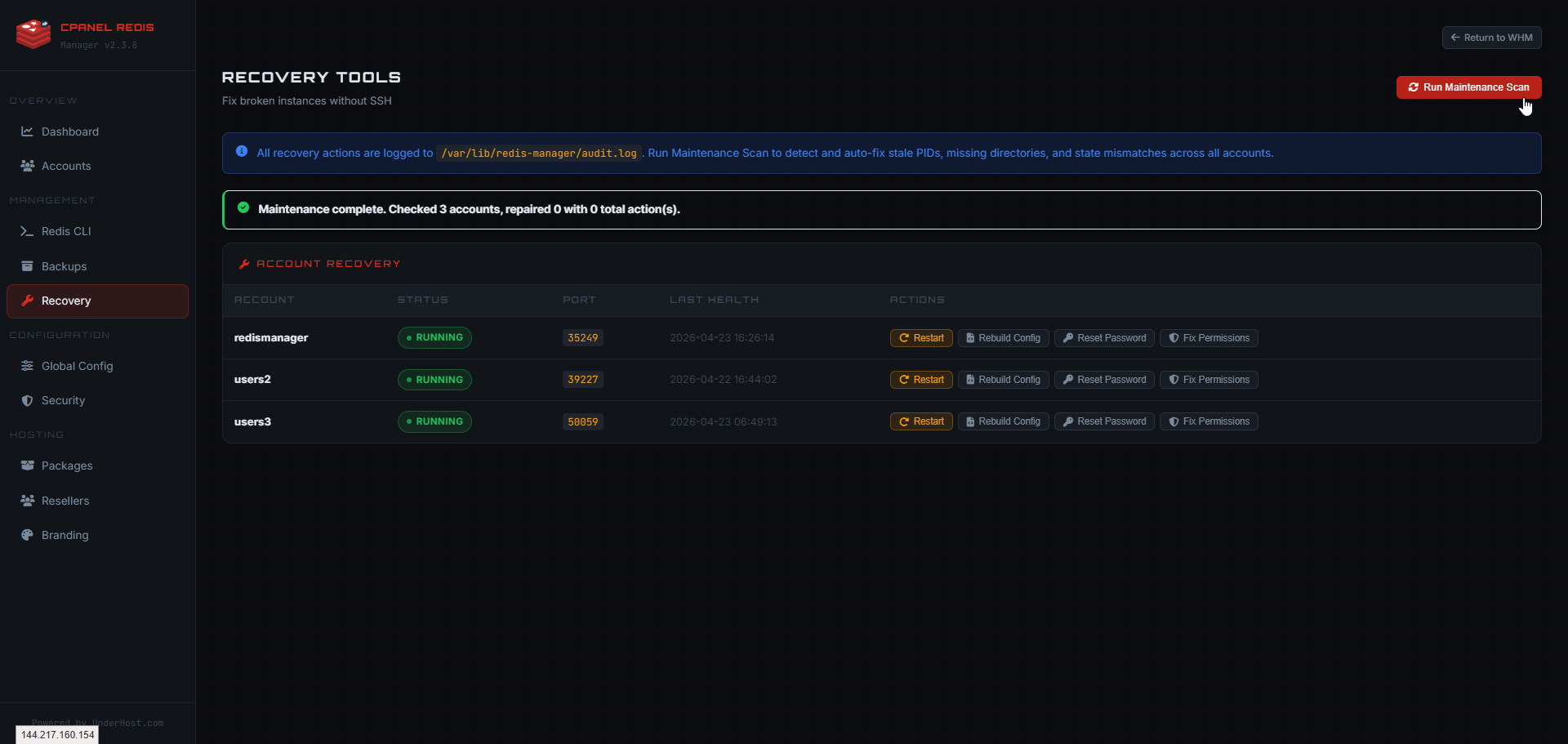 WHM Redis Manager recovery screen showing maintenance scan results and account recovery actions.