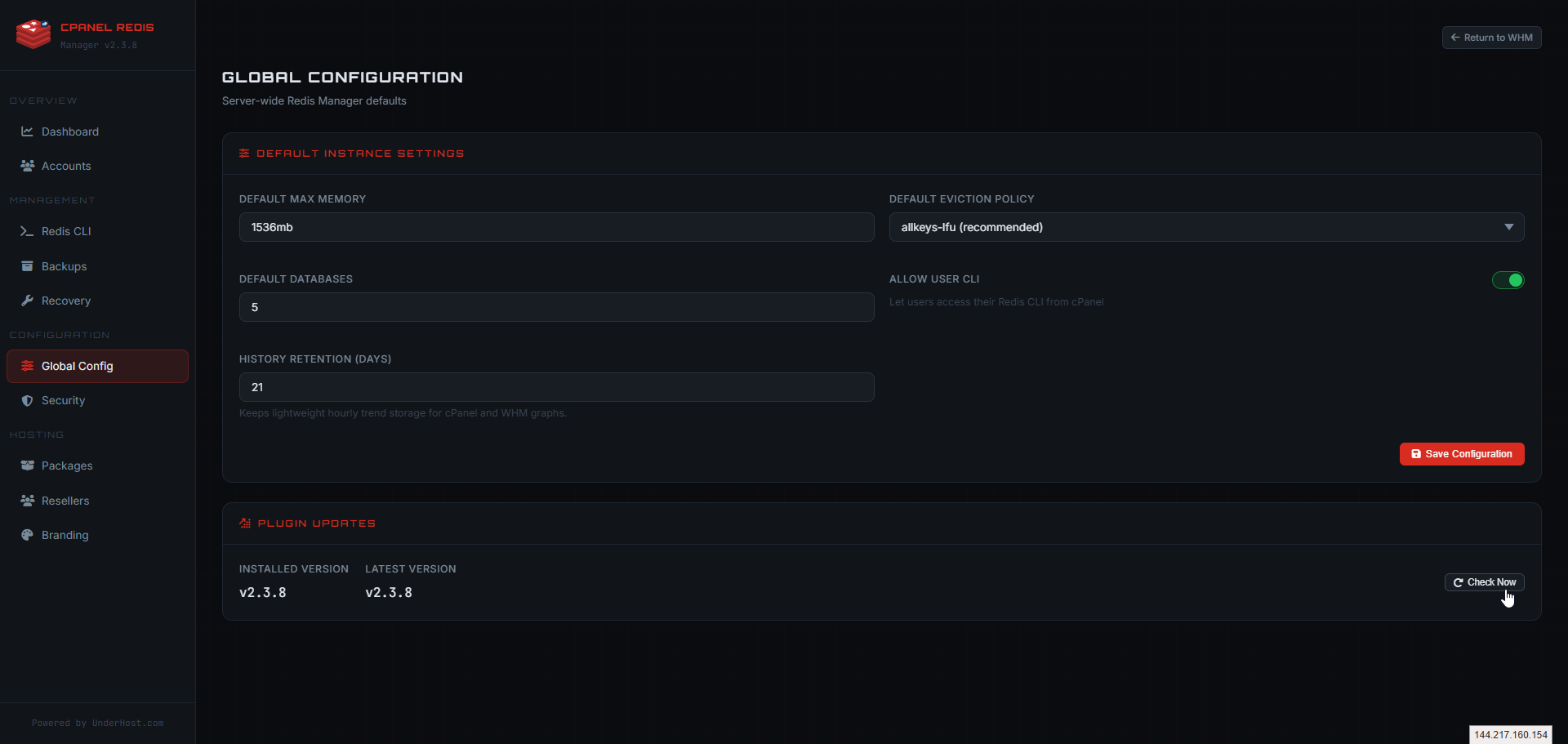 WHM Redis Manager global configuration screen showing Redis defaults and plugin update settings.