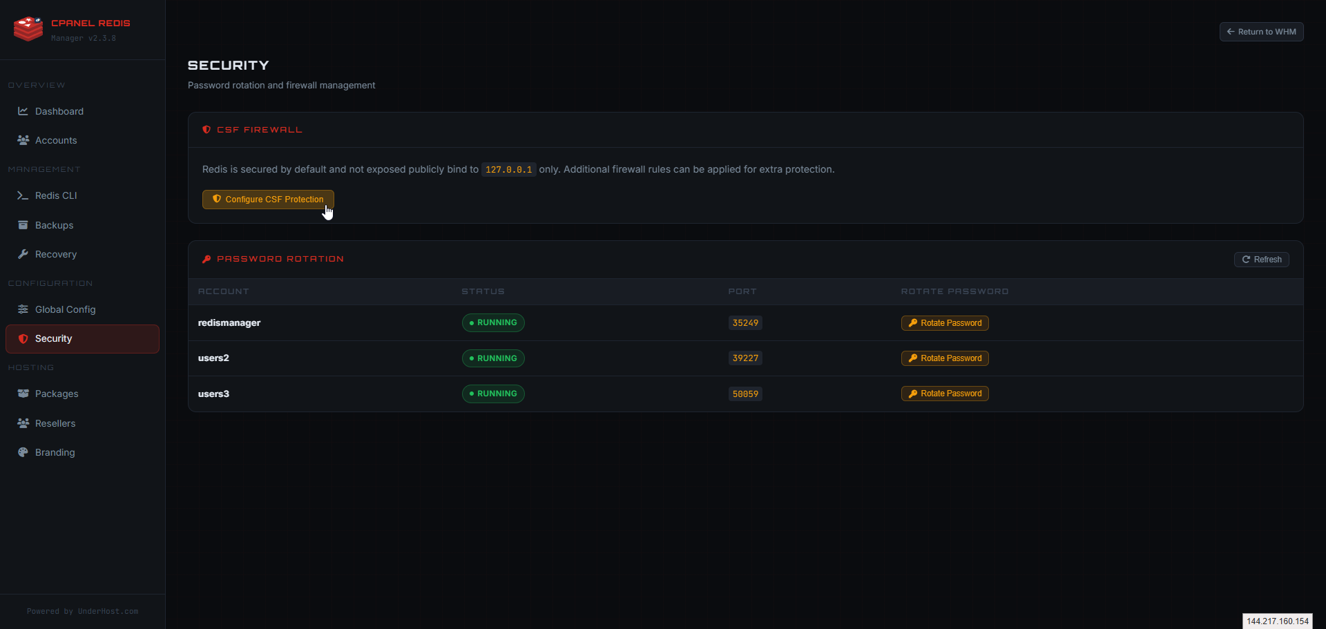WHM Redis Manager security configuration screen showing CSF firewall options and Redis password rotation controls.