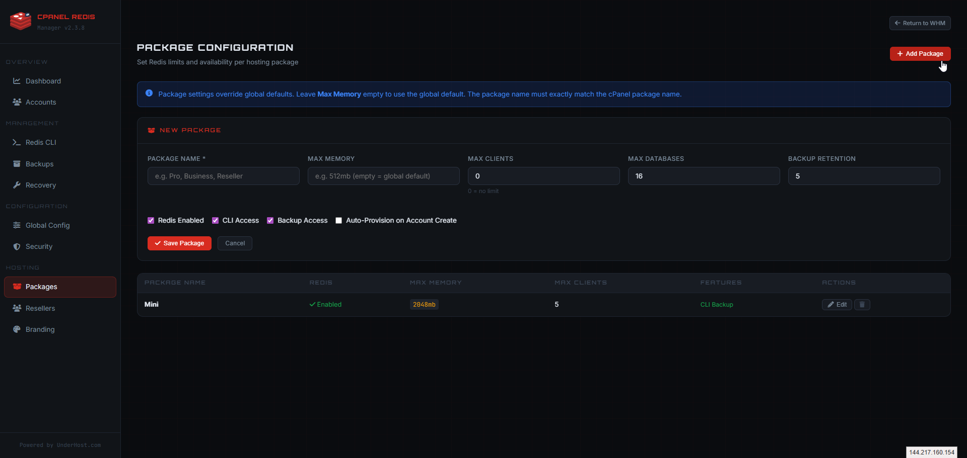 WHM Redis Manager package configuration screen showing package limits and Redis feature settings.